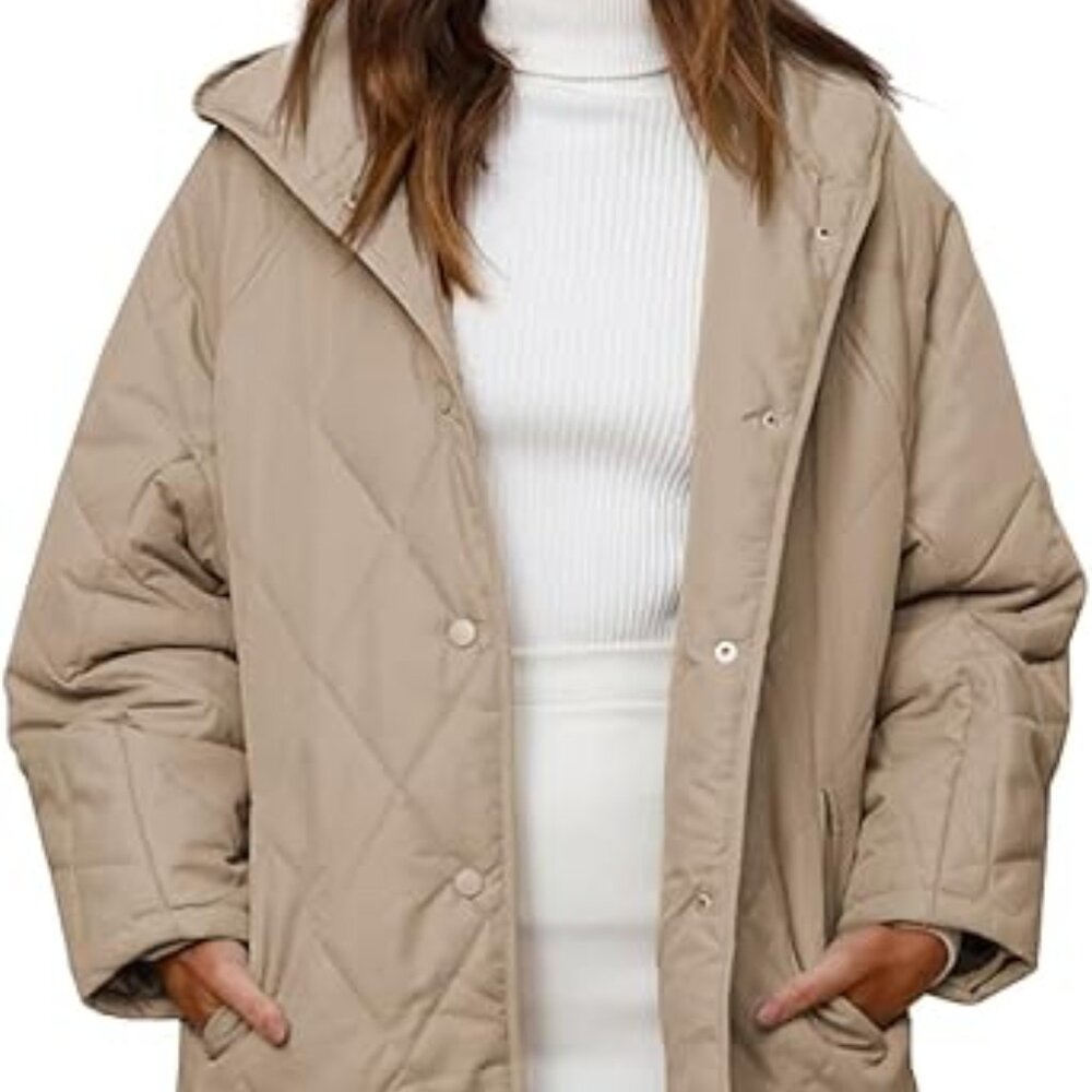 Women Oversized Snap Quilted Casual Hooded Loose Fit Winter Coat w/ Pockets Sz L